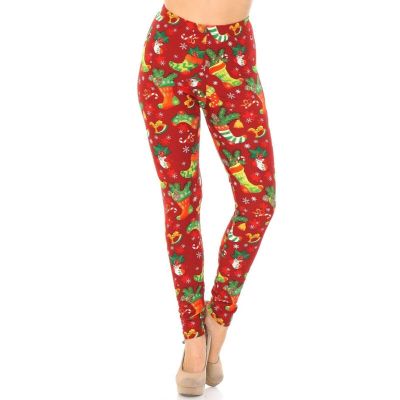 3X-5X/X-Plus Size Women Buttery Soft Ruby Red Christmas Stocking Leggings